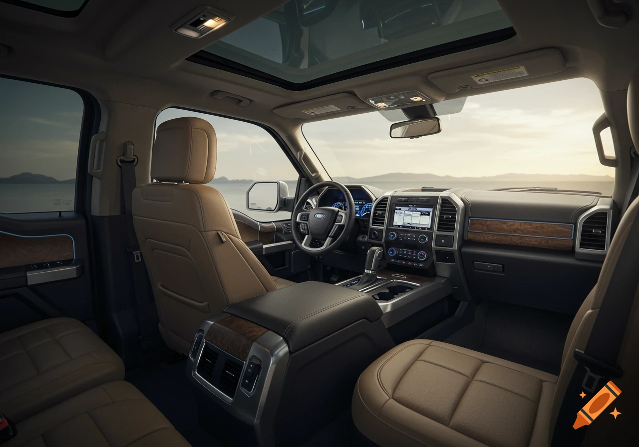 Interior view of a Ford F-150 truck with tan leather seats, wood trim, a sunroof, and a detailed dashboard, looking out to a hazy landscape.
