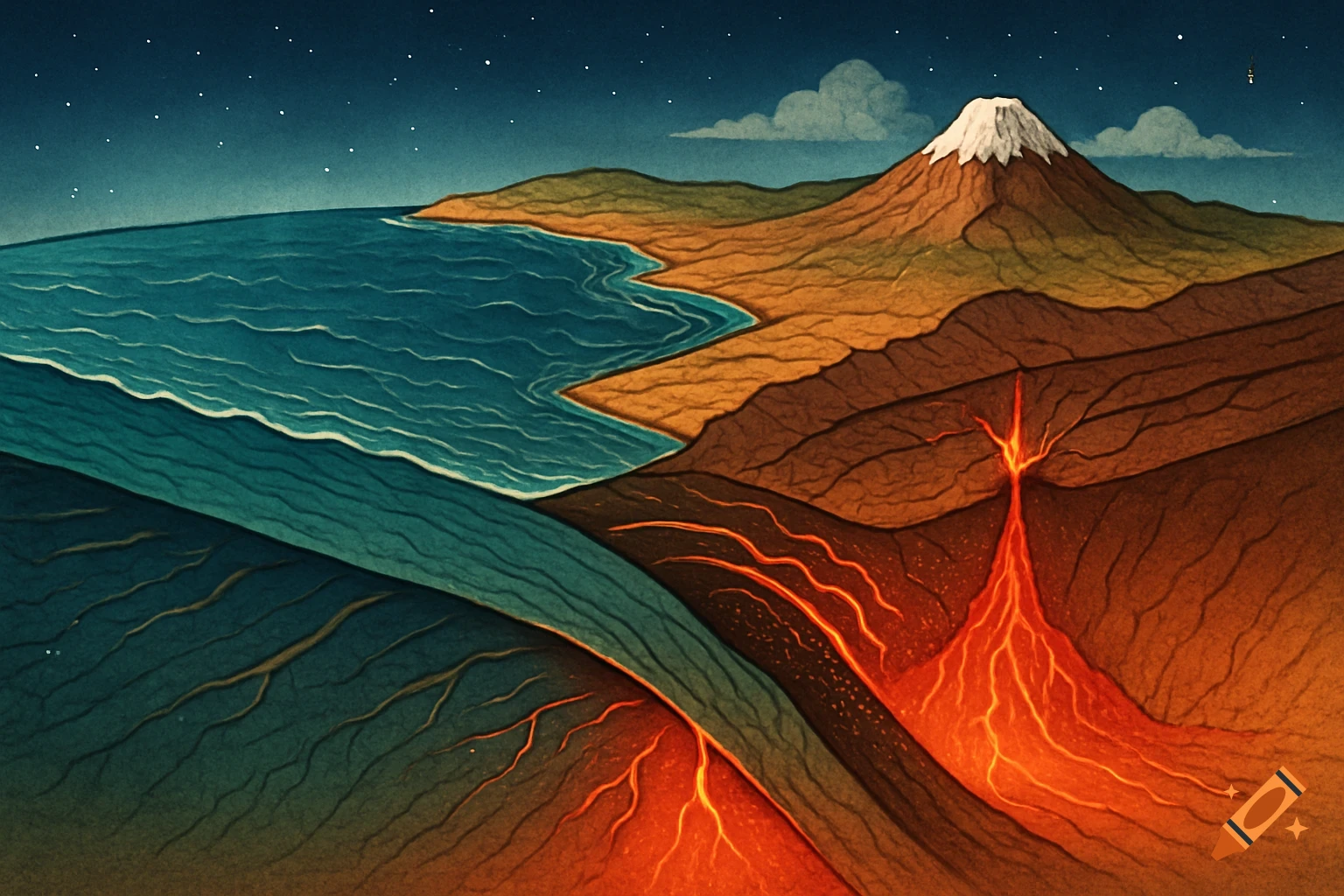 Stylized diagram of a subduction zone showing ocean, land, a snow-capped volcano, and magma flowing beneath the earth.