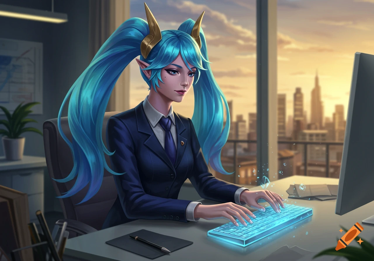 A fantasy woman with long blue pigtails and golden horns, wearing a suit, typing on a glowing keyboard in an office with a city view.