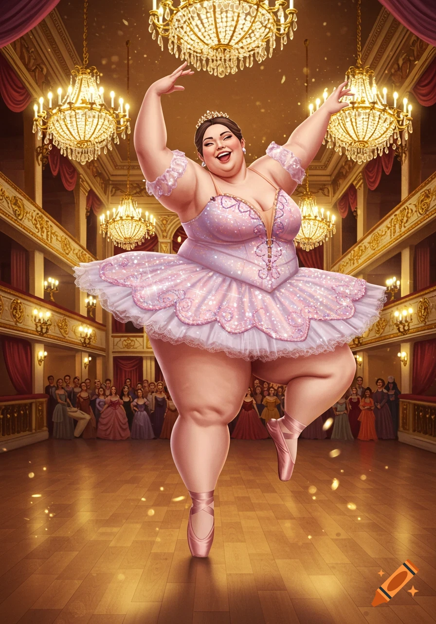 A cheerful, full-figured ballerina in a sparkling pink tutu dances en pointe in an ornate hall, surrounded by chandeliers and an audience.