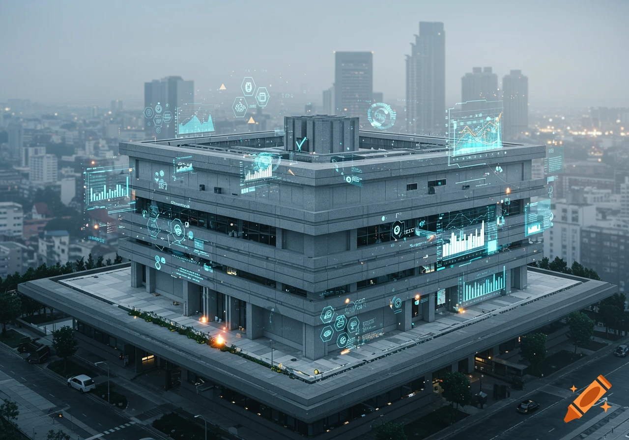 A modern, grey concrete building with glowing blue digital graphs and data overlays integrated into its structure, set against a hazy cityscape.