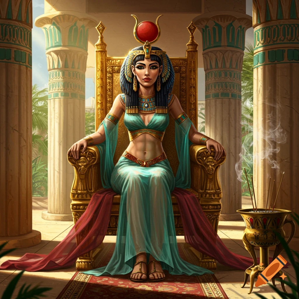 An Egyptian queen in a turquoise dress and elaborate headdress sits on a golden throne in a pillared hall, with incense burning nearby.
