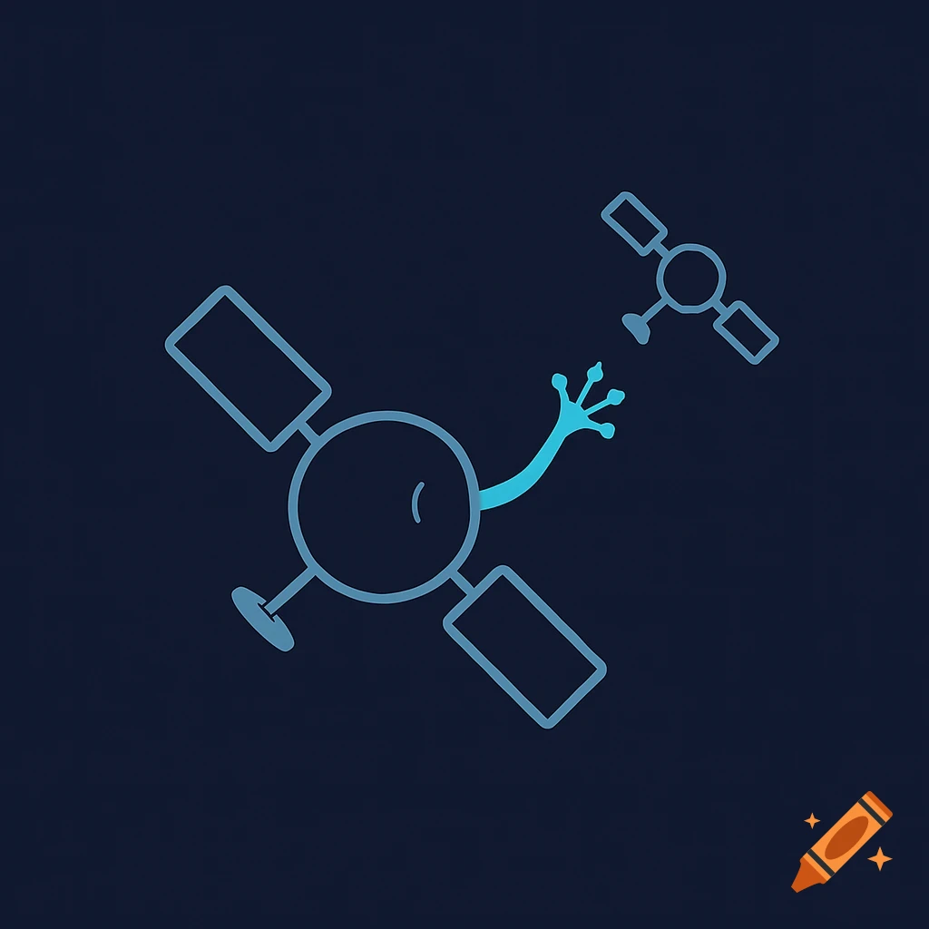 Minimalist line art logo featuring a satellite with a blue gecko arm reaching towards a smaller satellite on a dark blue background.