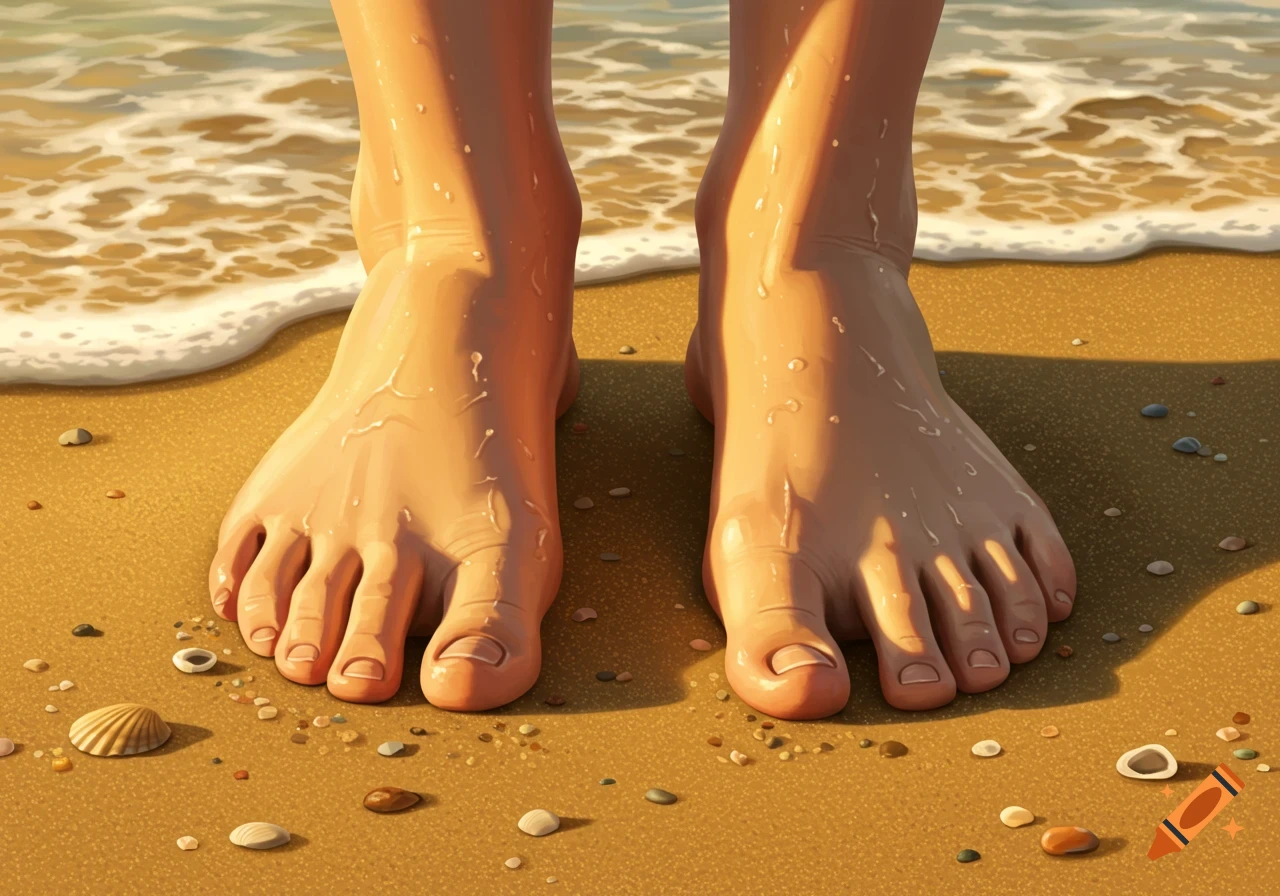 A close-up view of bare feet standing in the shallow ocean water on a sandy beach with small shells and pebbles.