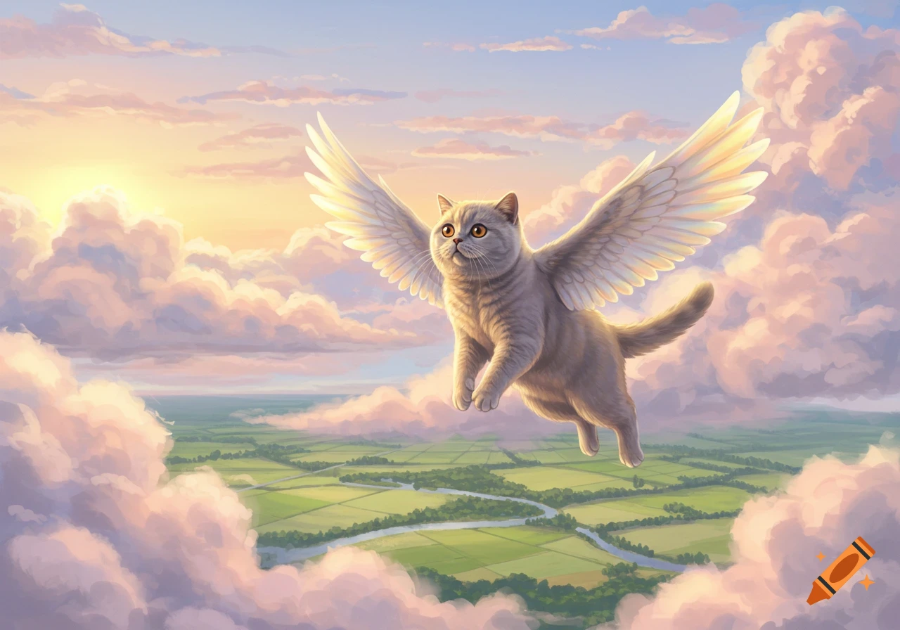 A fluffy gray British Shorthair cat with white wings soars gracefully through a cloudy, sunlit sky above green fields.