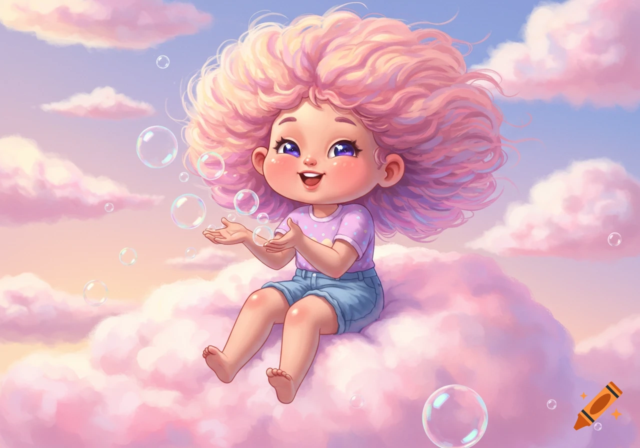 Happy cartoon girl with big pink curly hair sitting on a pink cloud, playing with bubbles in a whimsical pastel sky.