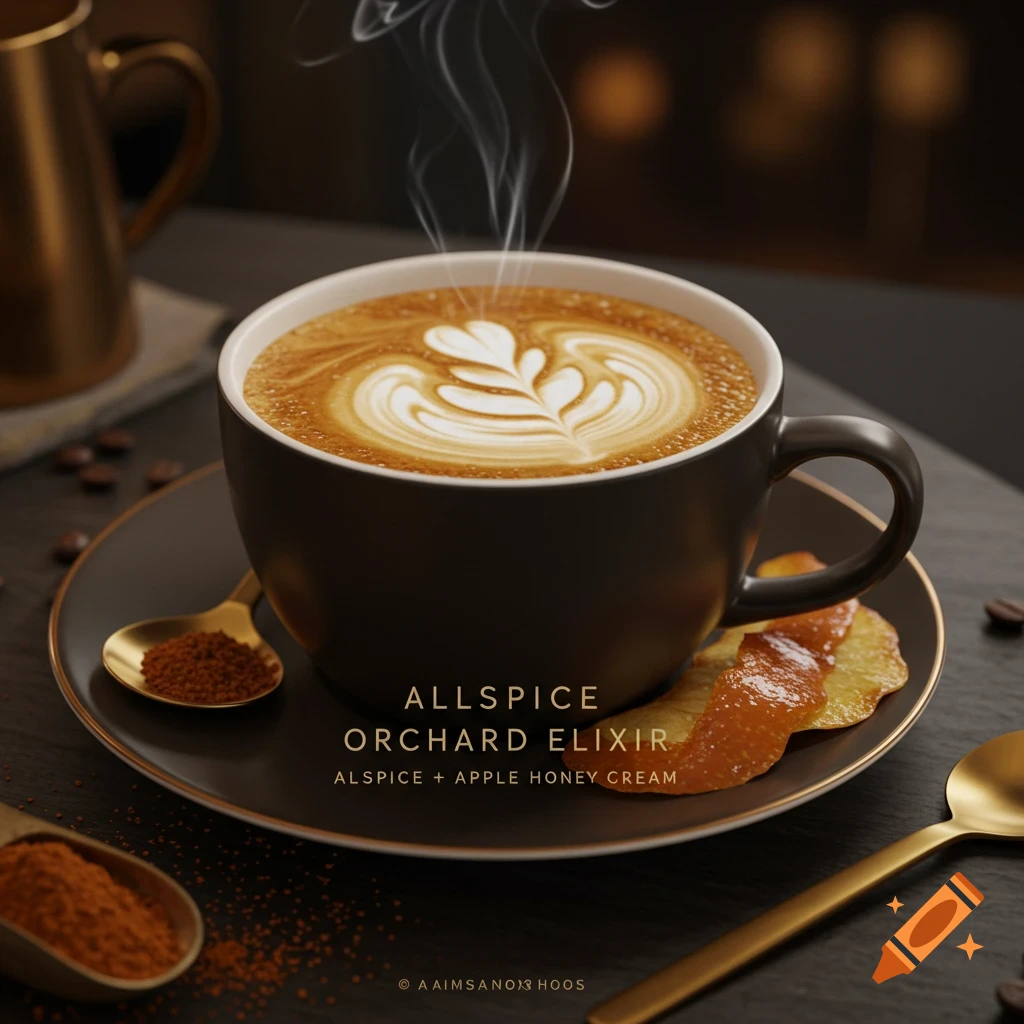 A photorealistic close-up of a steaming black coffee cup with intricate latte art, surrounded by spices, a golden spoon, and dried apple peel.