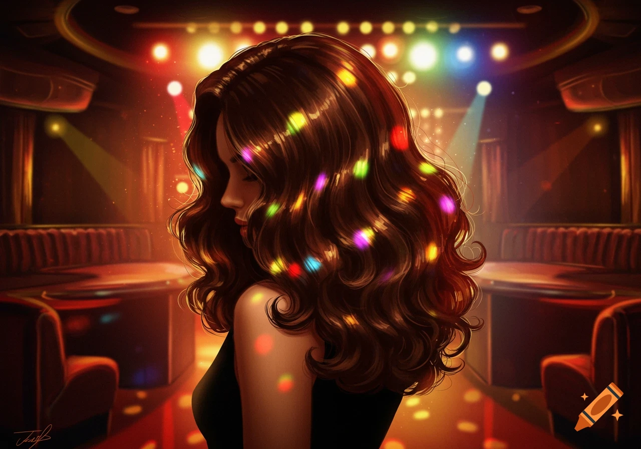 Digital art of a woman with long wavy brown hair, illuminated by colorful disco lights in a dark club setting.