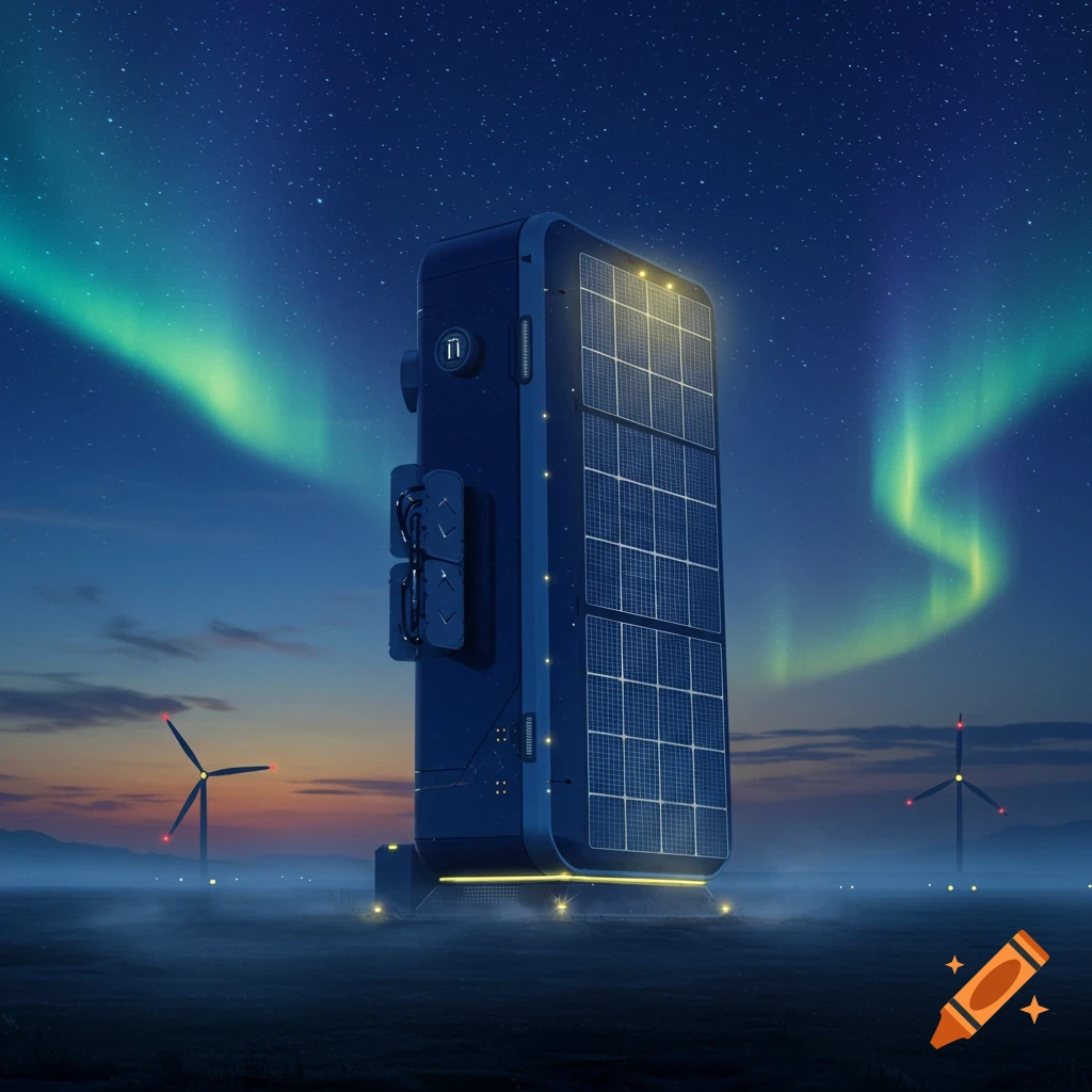 Futuristic solar power unit in a misty field at night, illuminated by a green aurora borealis, with distant wind turbines.
