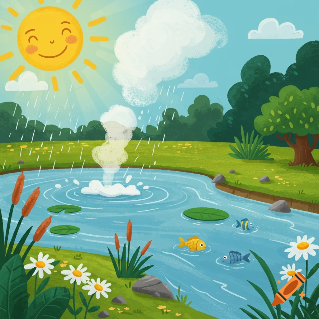 Kid-friendly cartoon illustration of the water cycle with a smiling sun, raining cloud, evaporating pond, fish, and greenery.