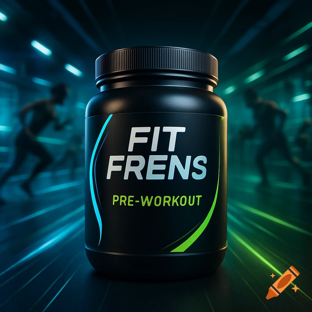 A black pre-workout supplement container labeled 'FIT FRENS PRE-WORKOUT' in a blurry, neon-lit gym setting with runners.