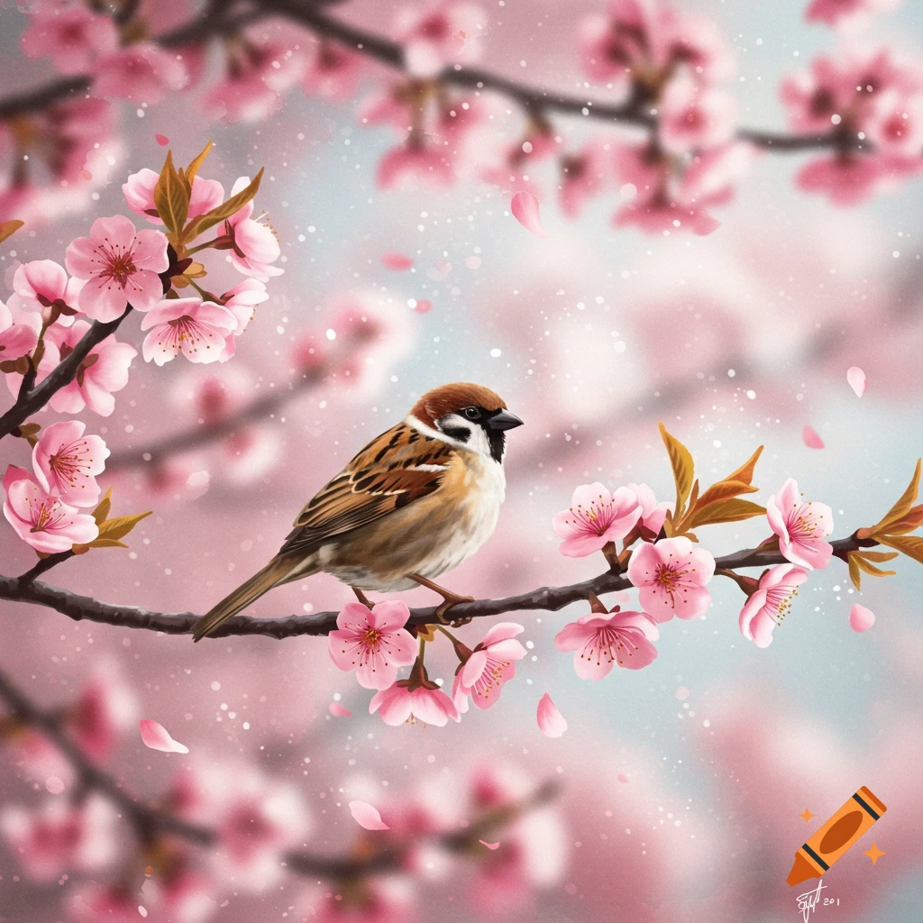 A small brown sparrow perched on a cherry blossom branch with pink flowers and falling petals in a soft, dreamy style.
