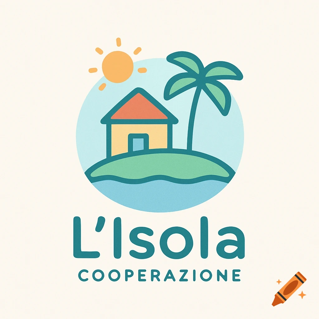 Minimalist cartoon logo of a house on a small island with a palm tree and sun, text 'L'Isola COOPERAZIONE' below.