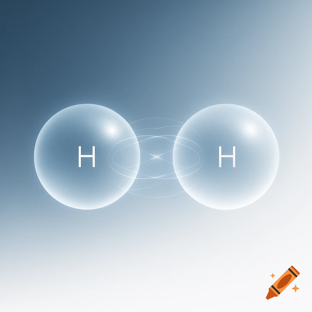 Two translucent blue spheres, each with a white 'H', connected by swirling lines, representing a hydrogen molecule.