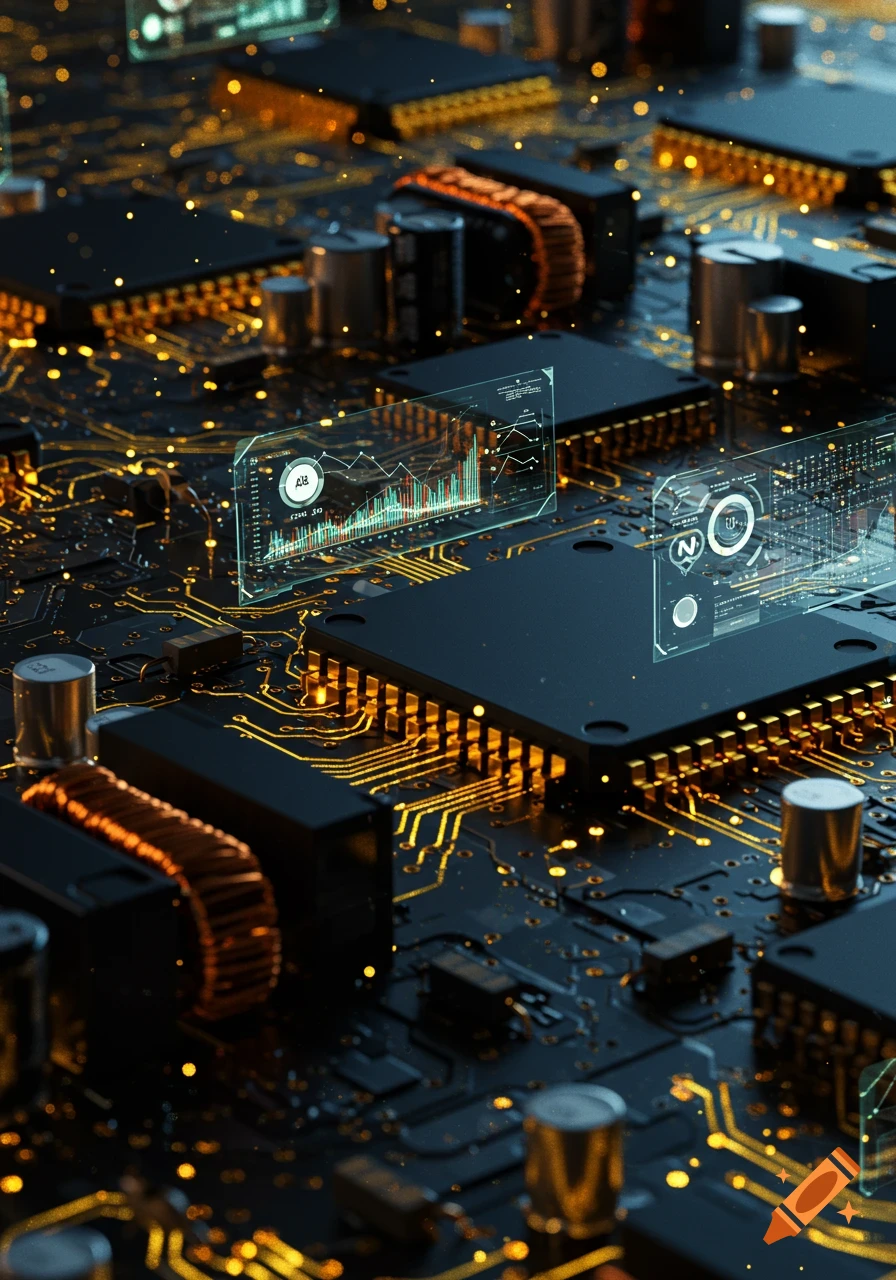 Close-up of a futuristic power electronics circuit board with glowing gold traces, advanced components, and holographic data displays.