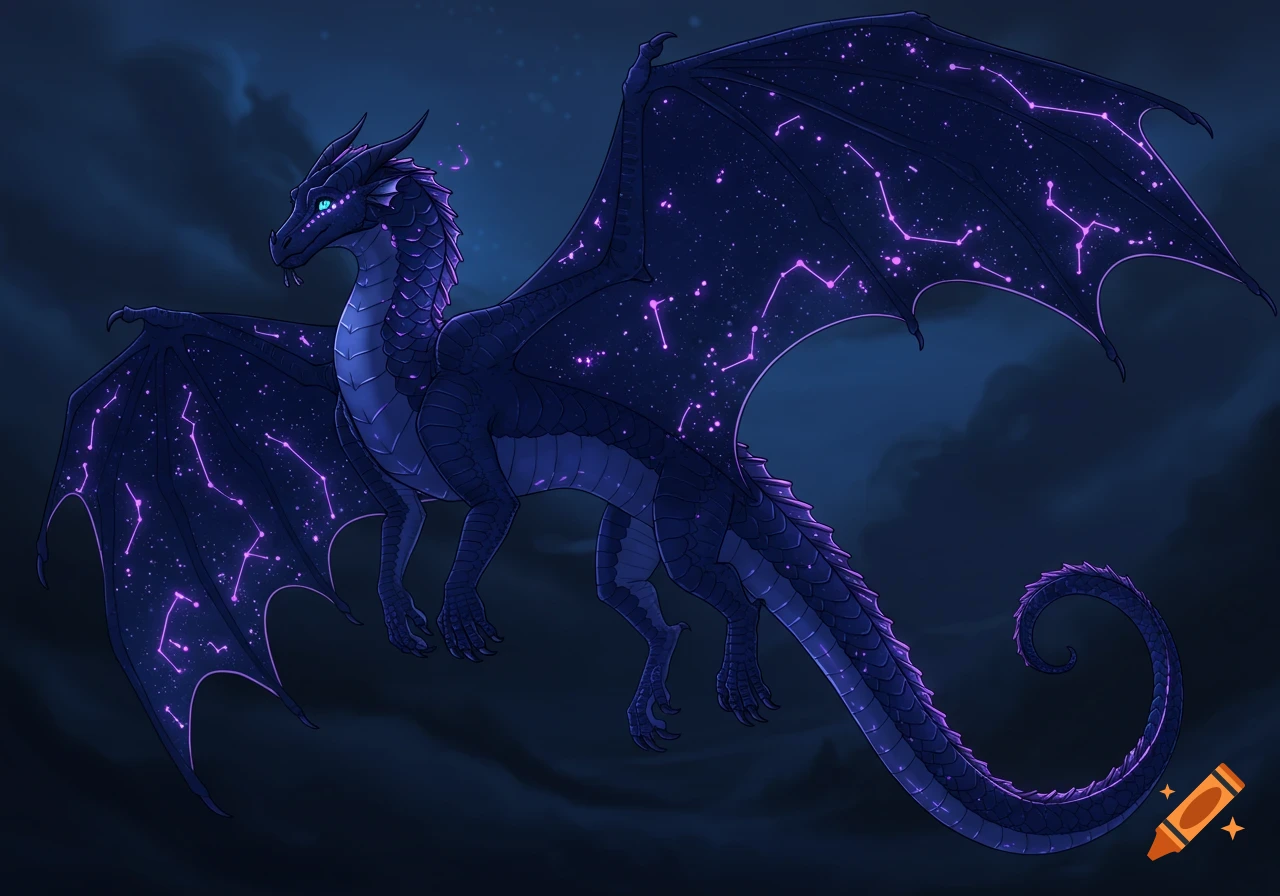 A stylized navy blue dragon with glowing purple constellation patterns on its wings and body, blue eyes, against a dark, cloudy night sky.