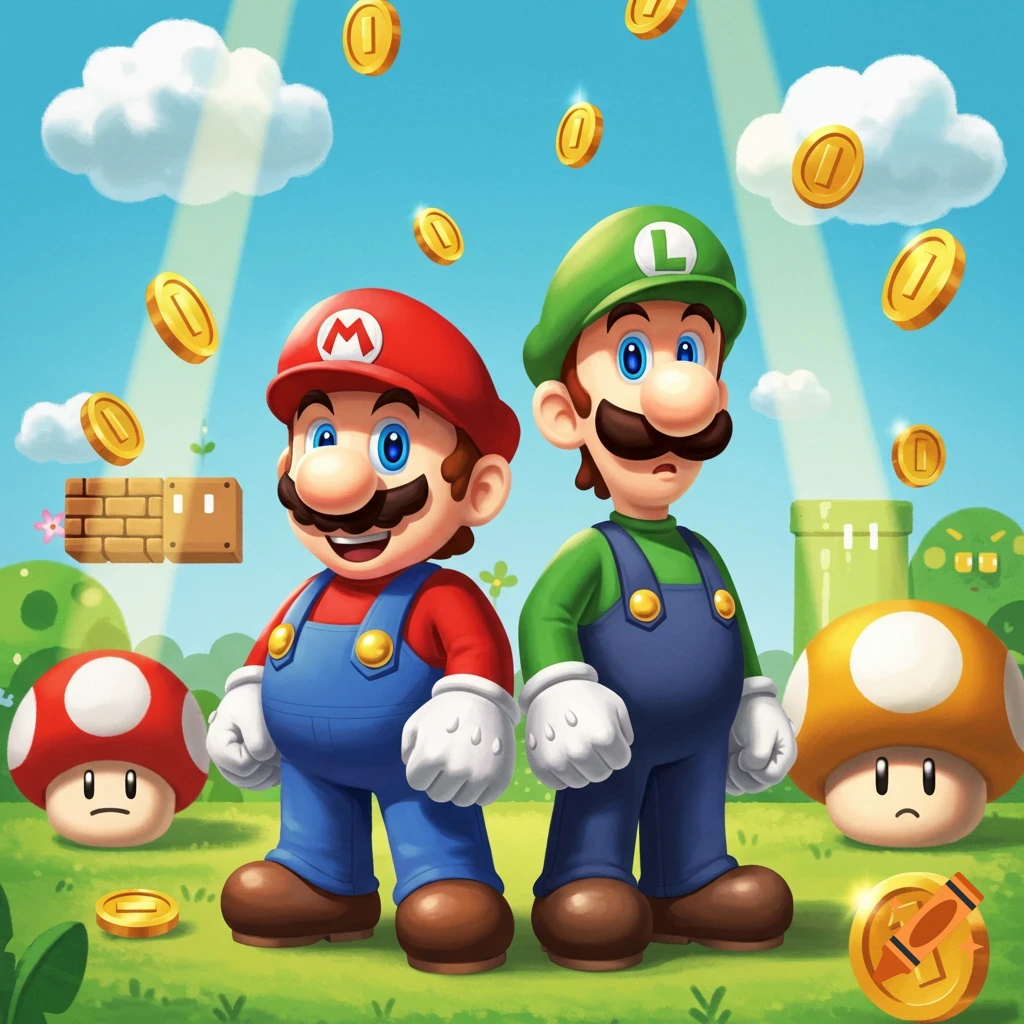 Cartoon Mario and Luigi stand in a bright green landscape with floating gold coins and Super Mario elements.