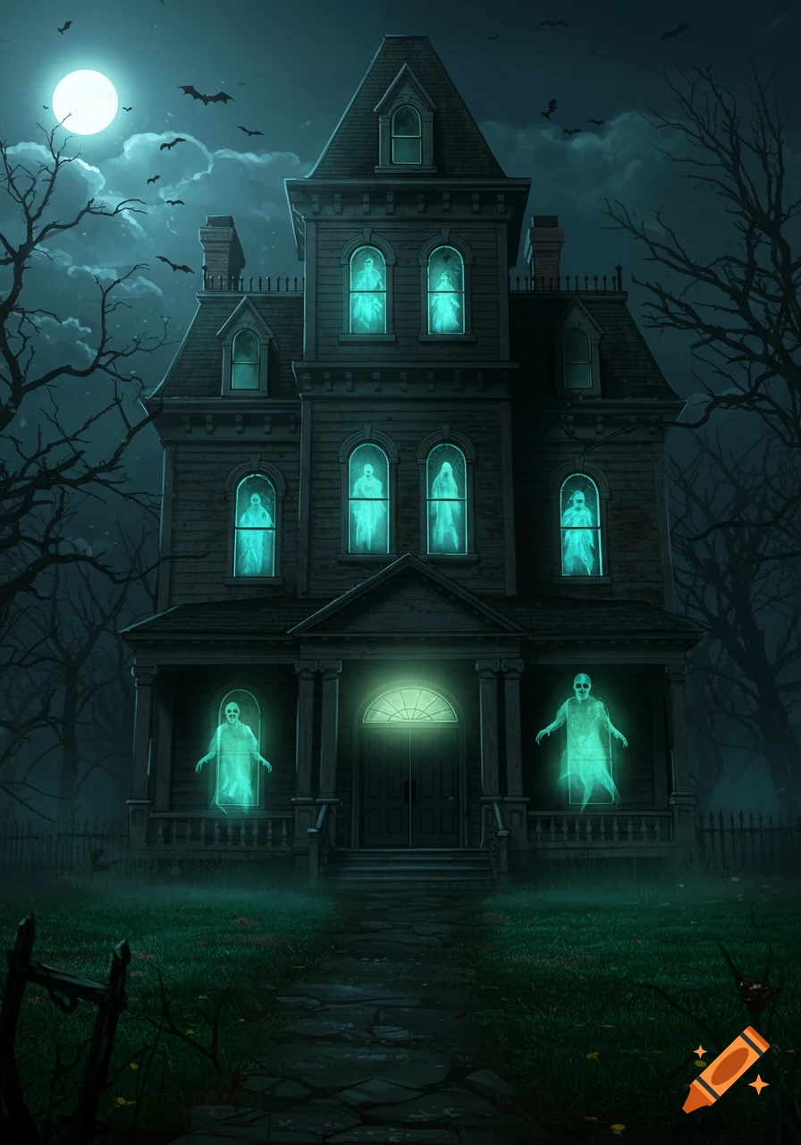 A spooky haunted house at night with a full moon, bats, and glowing ghosts and zombie figures visible in its windows and on the porch.