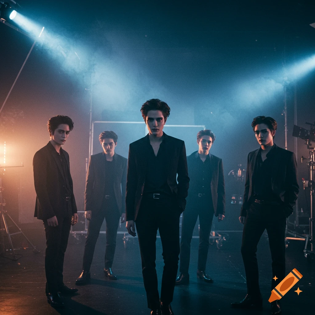 Five men in black suits with intense expressions stand in a smoky, dark studio with dramatic lighting and film equipment.