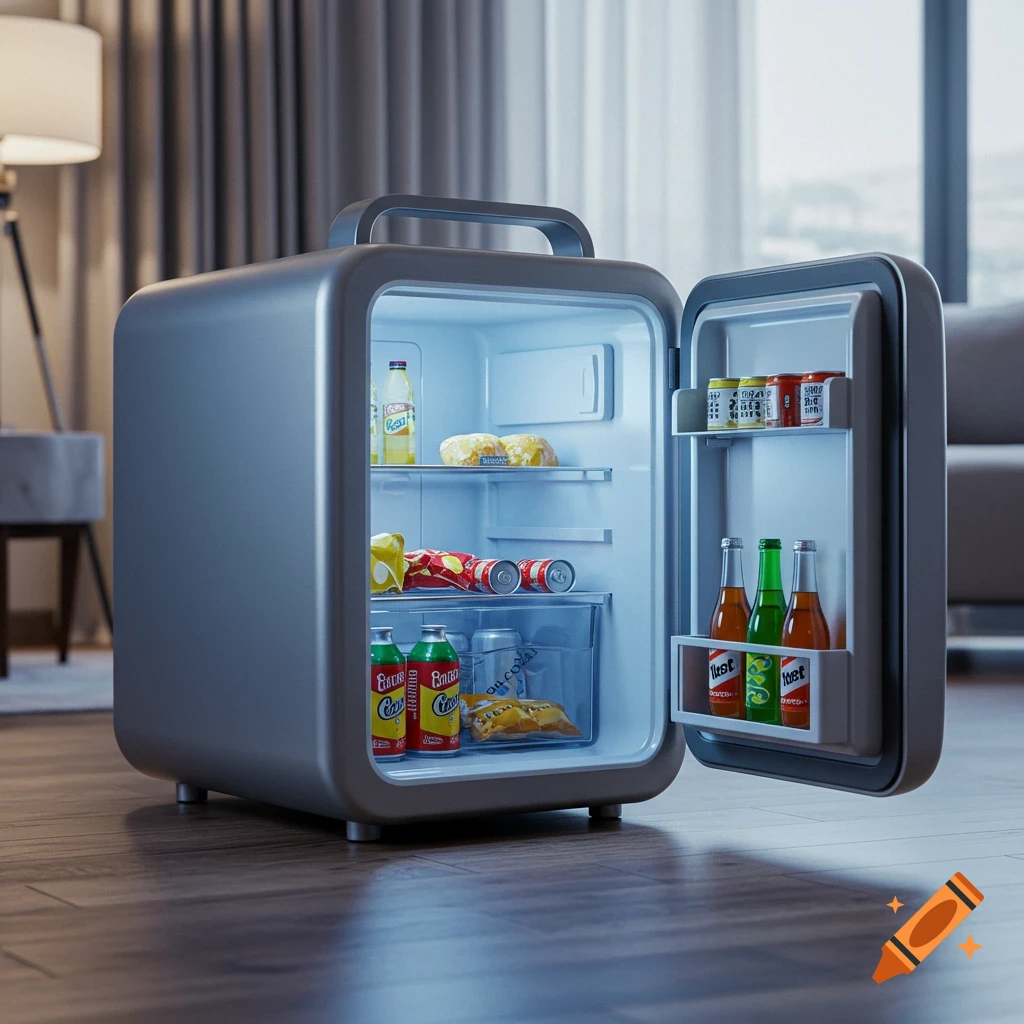 A photorealistic shot of an open gray portable mini-fridge filled with various drinks and snacks, sitting on a wooden floor in a room.