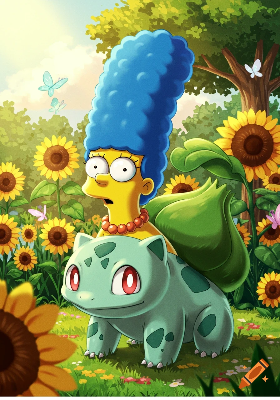 Marge Simpson's head on Bulbasaur's body in a bright sunflower field with butterflies, animated style.