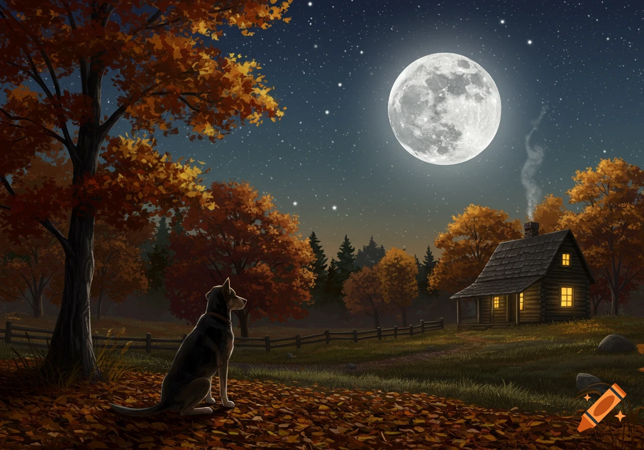 Illustrated autumn night with a dog sitting on fallen leaves, a cozy cabin, and a large full moon in a starry sky.