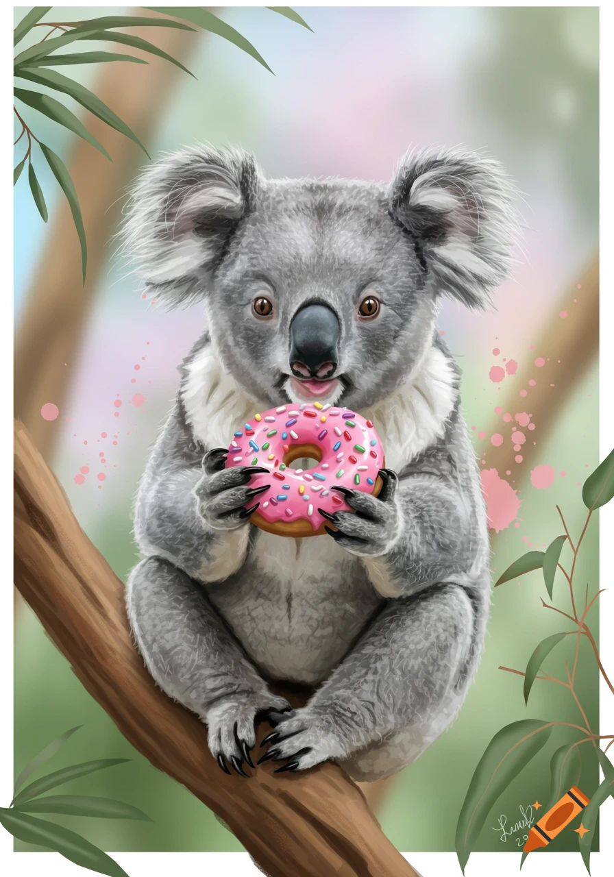 An illustrated koala sits on a tree branch, happily holding a pink donut with colorful sprinkles.