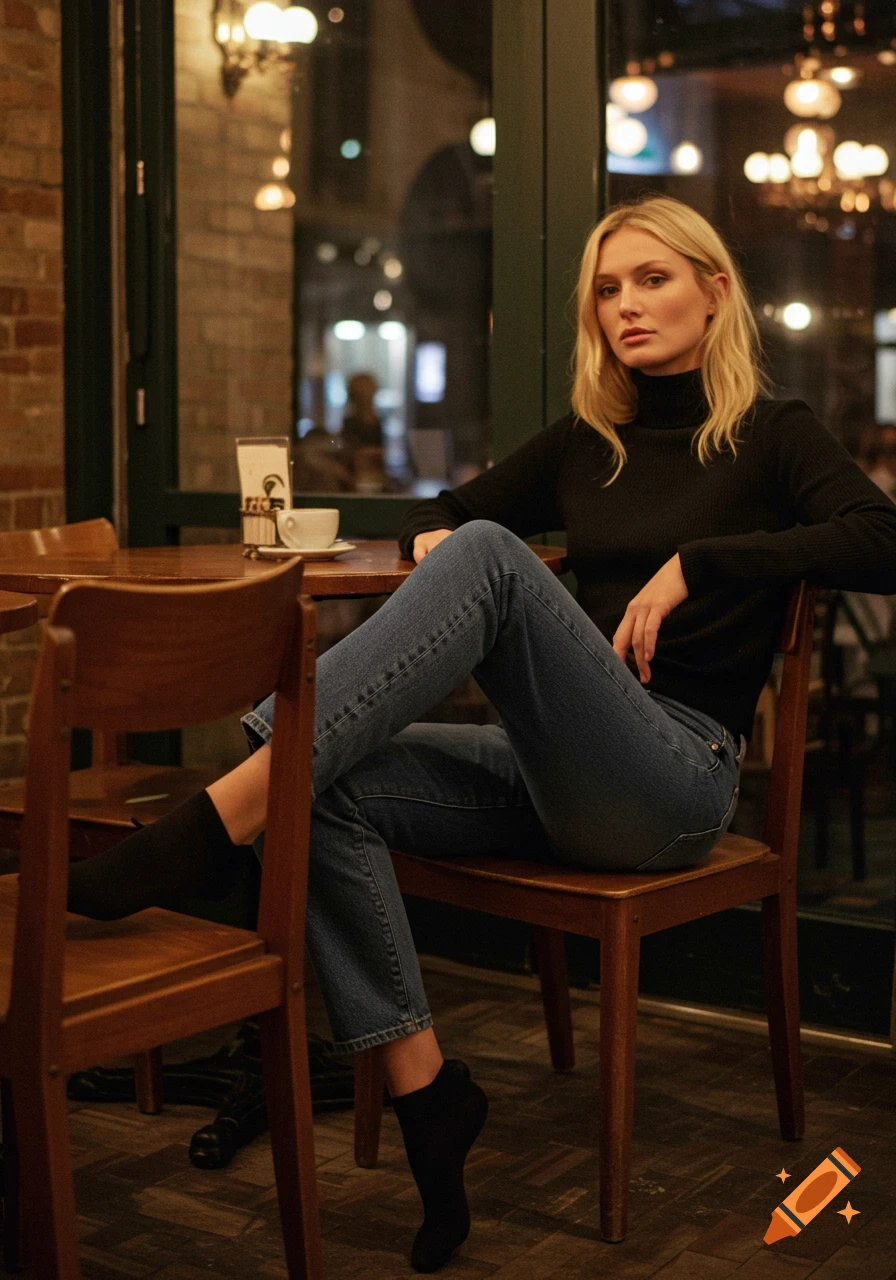 A blonde woman in a black turtleneck and jeans sits at a cafe table, looking at the camera.