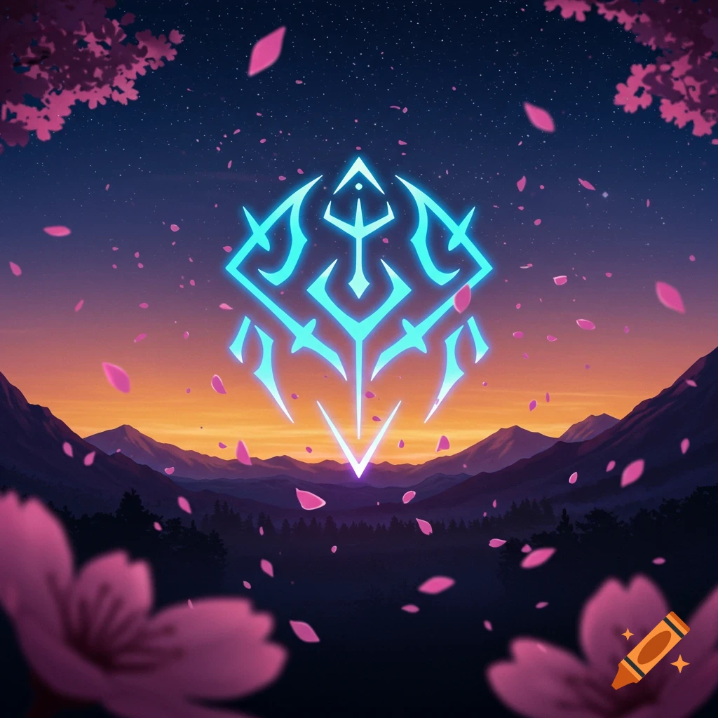 A vibrant blue glowing abstract symbol hovers over a twilight mountain landscape with falling pink cherry blossoms.