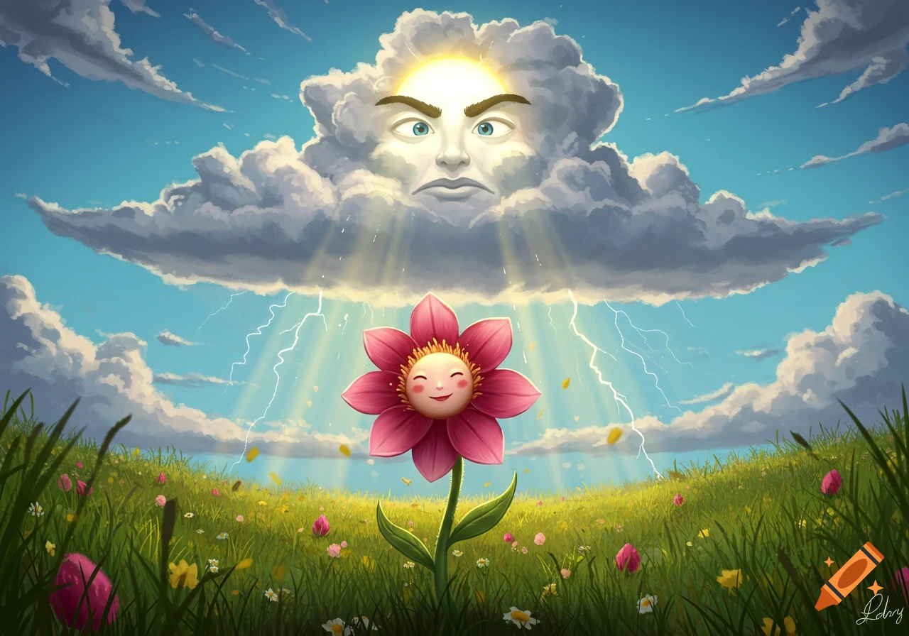 A whimsical scene with a smiling pink flower in a green field, under an angry-faced cloud with a bright sun behind it, featuring lightning and sunbeams.
