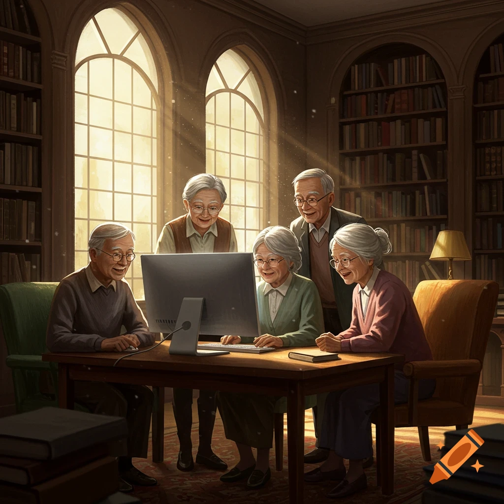 A group of cheerful seniors gathered around a computer in a sunlit library, smiling as they look at the screen.