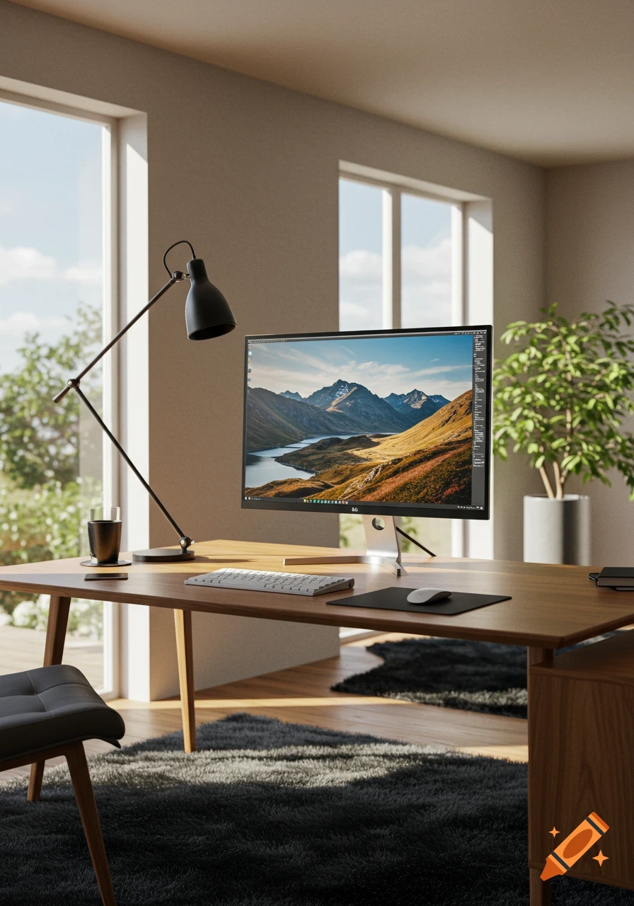 A photorealistic image of a modern home office with a wooden desk, computer monitor, desk lamp, keyboard, and mouse. Large windows overlook greenery, and a dark shag rug covers the floor.