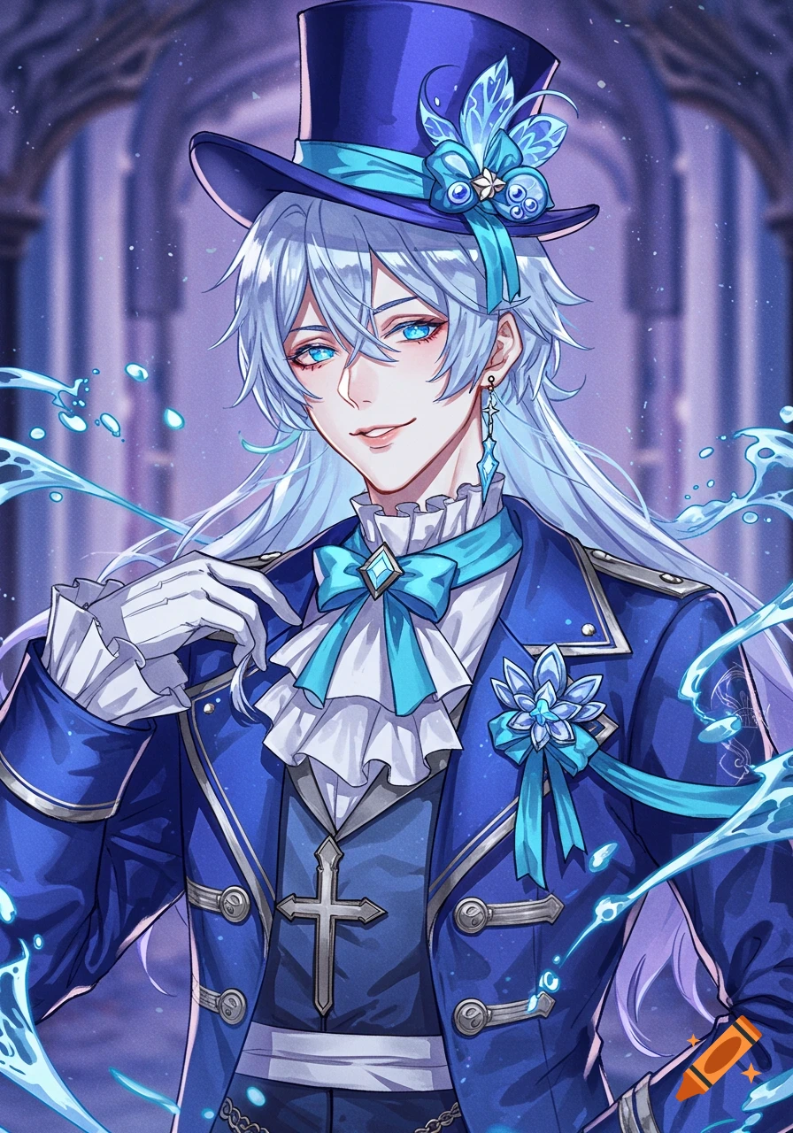 An anime man with long blue hair and blue eyes wears an ornate blue uniform, top hat with a feather, and white gloves, with water splashing around him.