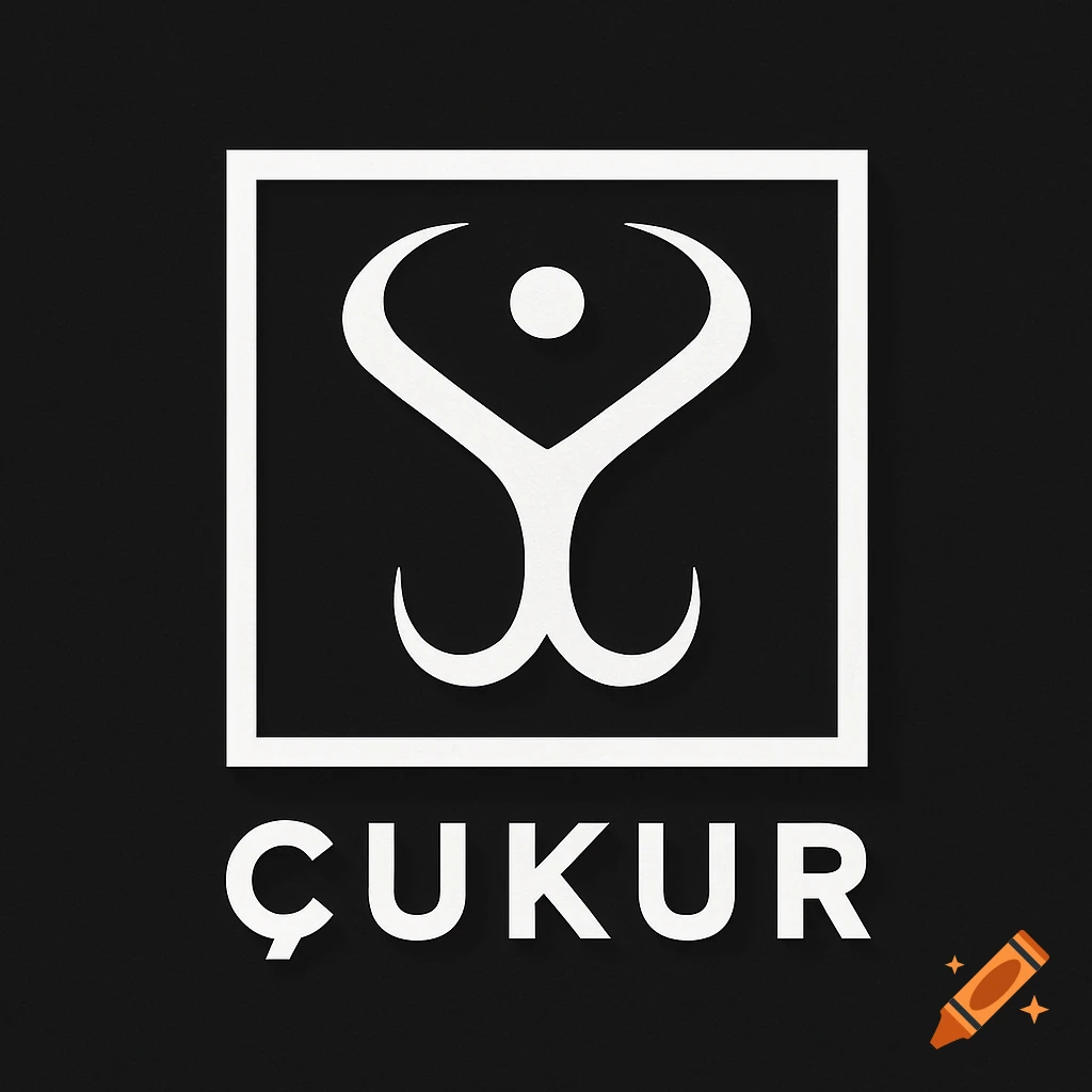 Minimalist white 'ÇUKUR' logo featuring a stylized symbol within a square on a black background.