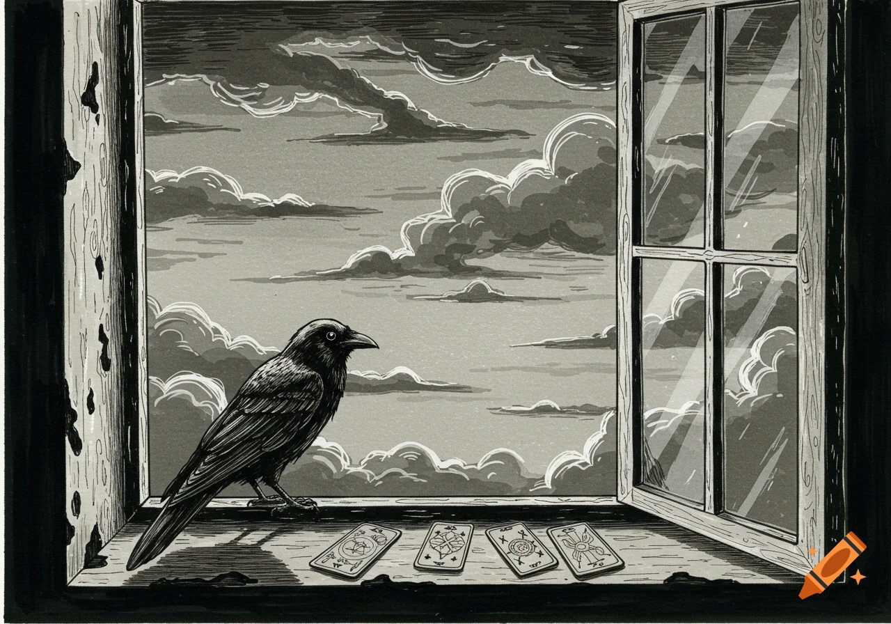 An ink illustration of a black crow on a window sill with tarot cards, overlooking a cloudy sky.
