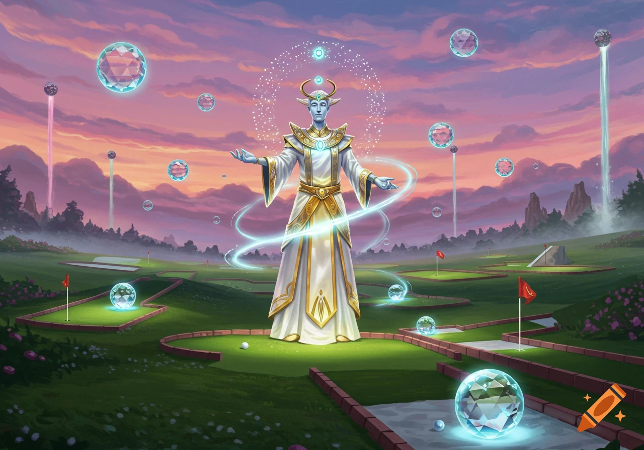 A mystical being with a glowing aura stands on a fantasy mini-golf course surrounded by floating radiant crystals under a vibrant sunset sky.