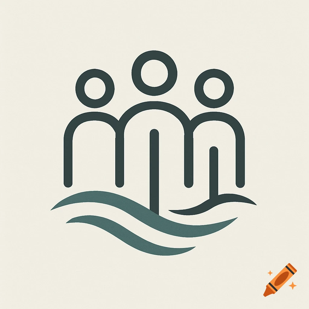 Minimalist logo featuring three stylized figures with rounded heads and bodies, standing above two teal waves on a cream background.