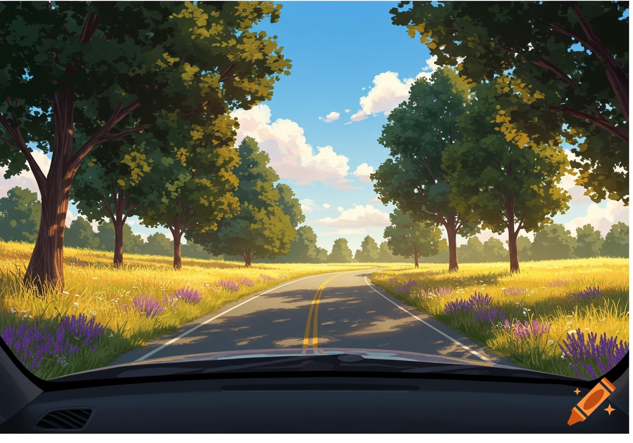 A stylized view from inside a car, looking out at a winding road through sunlit fields with trees under a blue sky.