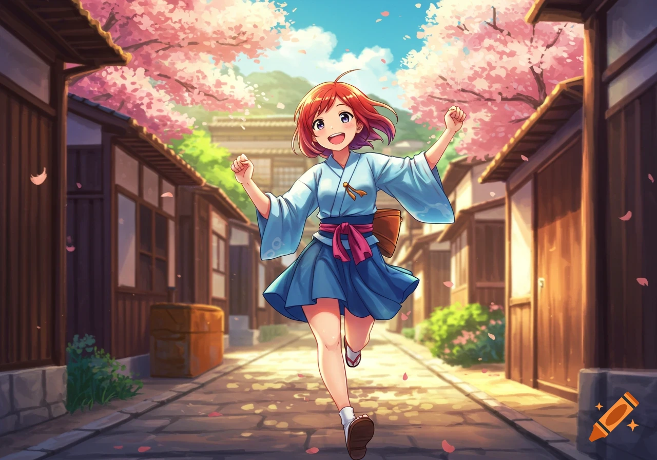 An energetic anime girl in a light blue kimono runs down a traditional Japanese street lined with cherry blossoms.
