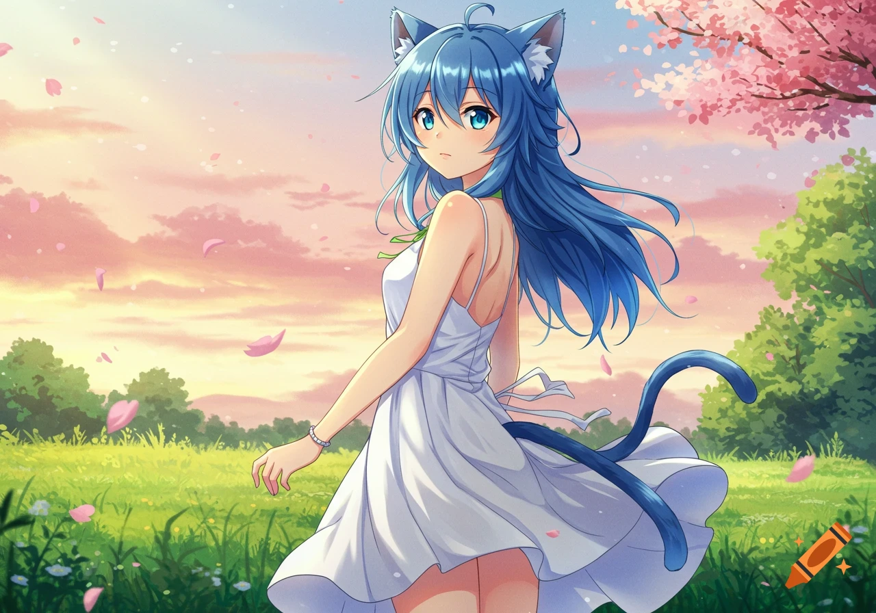 An anime cat girl with blue hair and cat ears, wearing a white sundress, stands in a green field with pink cherry blossoms falling from a tree and a pastel sunset sky.