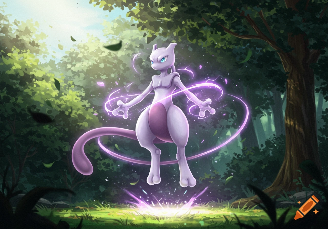 Mewtwo, a lavender-colored psychic Pokemon, floats in a sun-dappled forest clearing, surrounded by swirling purple energy.