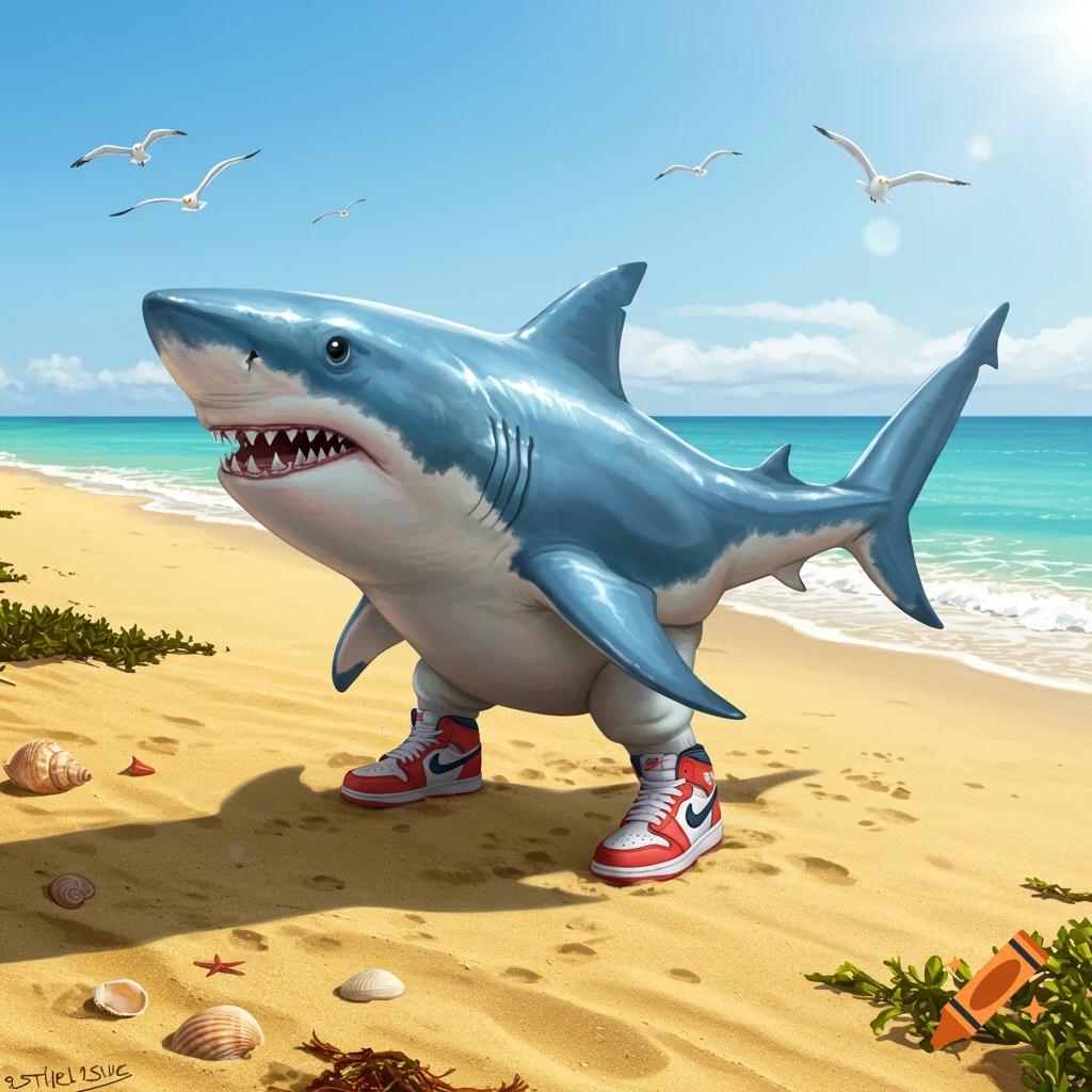 A cartoonish shark with short legs and red and white sneakers stands on a sunny sandy beach with the ocean and seagulls in the background.