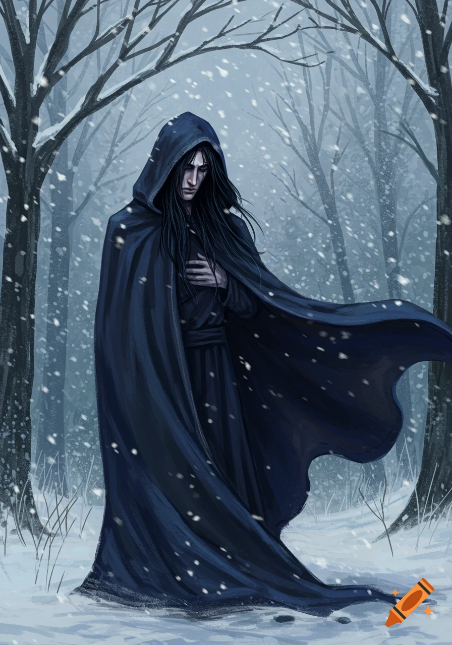 A sad man with long black hair, wearing a dark hooded cloak, stands in a snowy forest with falling snow.
