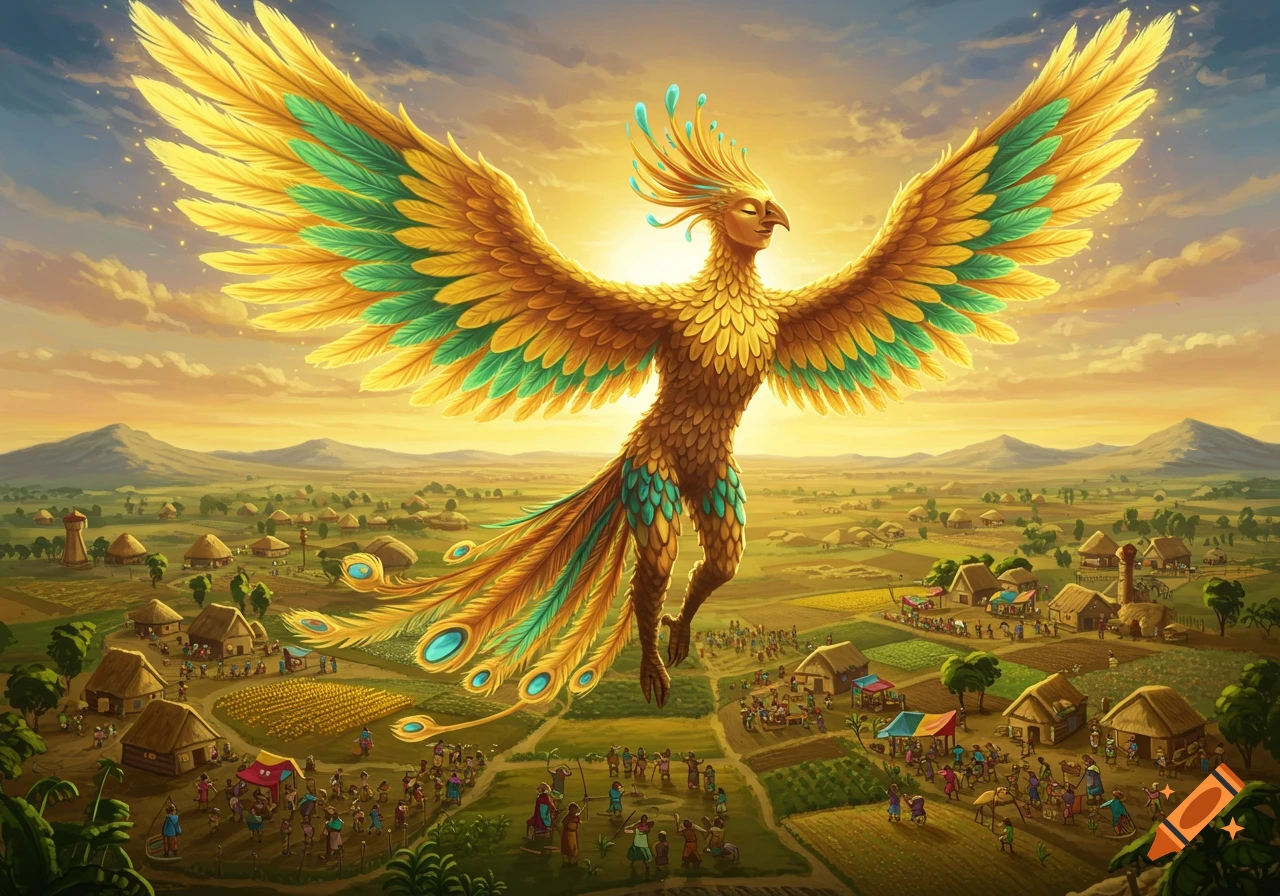 A majestic golden phoenix with teal feathers flies over a sunlit village landscape with farms and people, illustrative style.