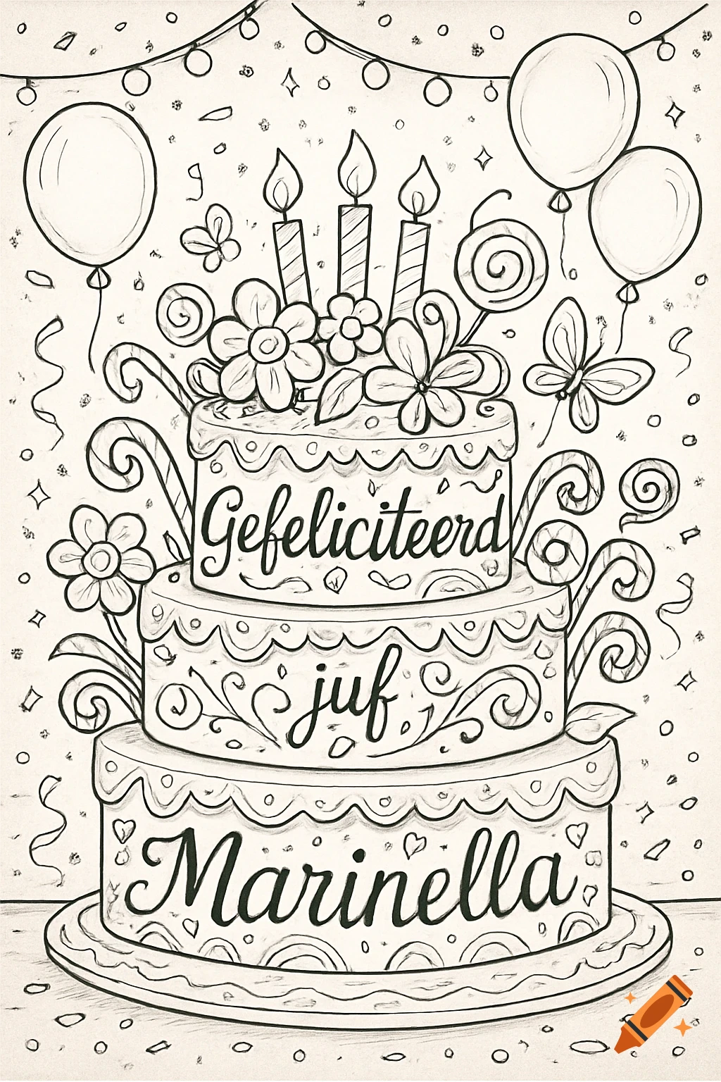 Black and white line art of a three-tiered birthday cake with candles, flowers, balloons, and 'Gefeliciteerd juf Marinella' text.