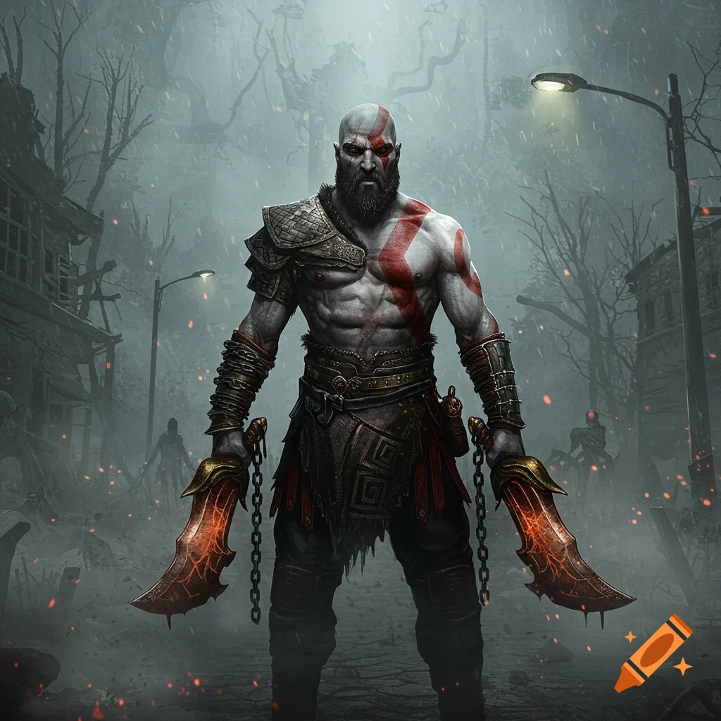 Kratos from God of War stands with fiery Blades of Chaos in a desolate, foggy Silent Hill-like street.