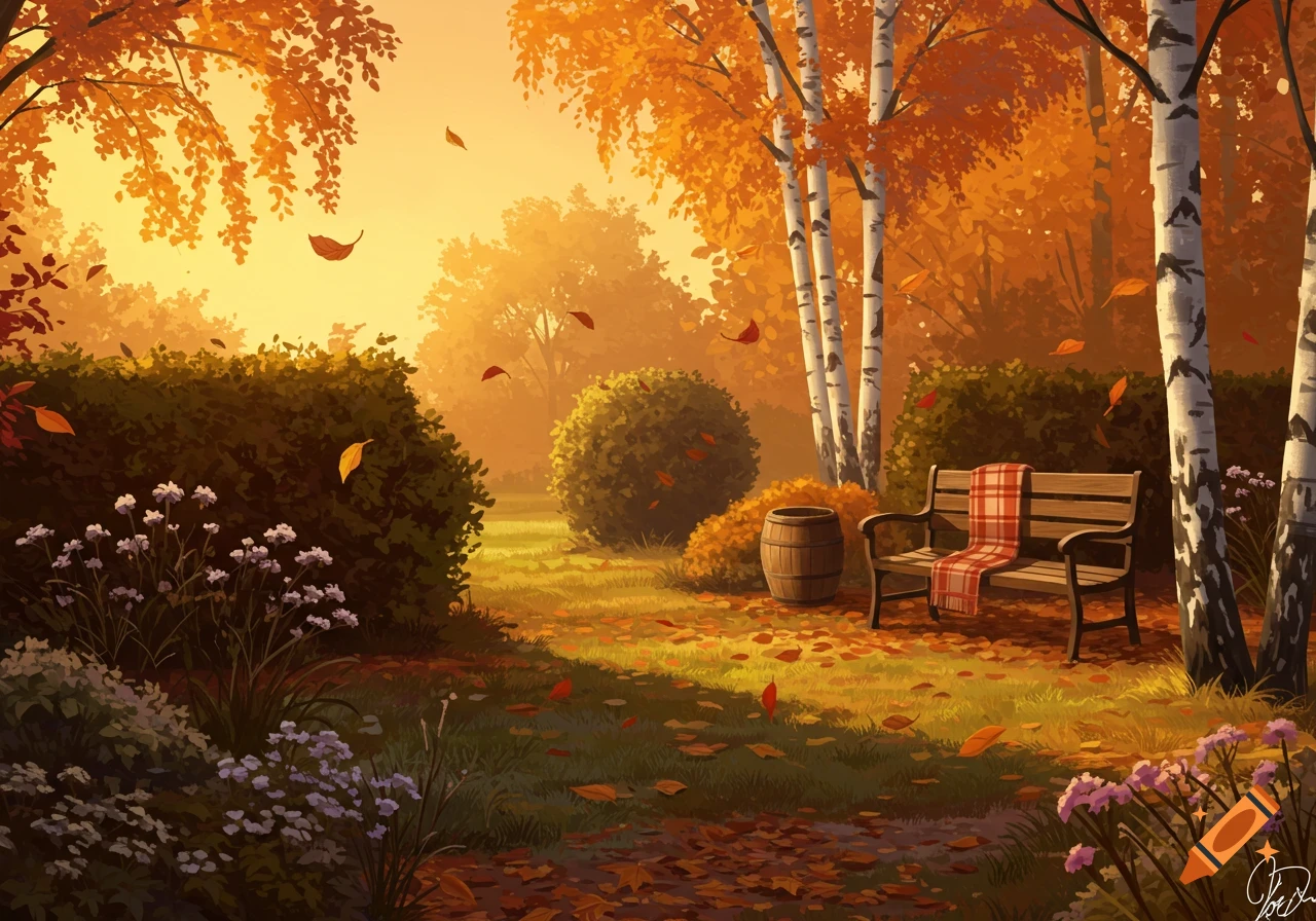 A vibrant digital painting of an autumn park with golden and orange trees, birch trunks, a wooden bench with a plaid blanket, and falling leaves.