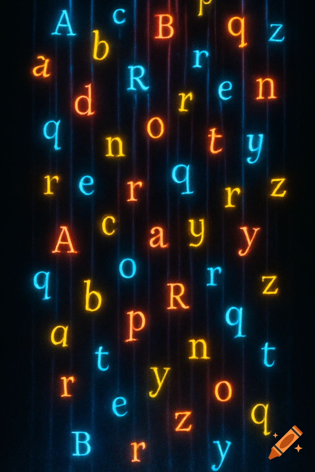 Glowing multicolored letters (A, B, c, d, n, o, p, q, r, t, y, z) on a dark background, interspersed with vertical light streaks.