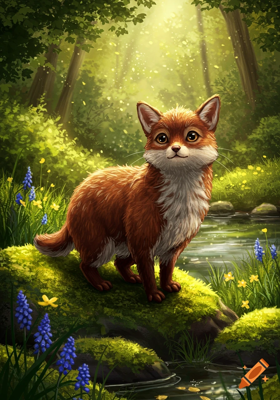 A cute, stylized fox with large eyes stands on a moss-covered log next to a stream in a vibrant, sunlit forest filled with wildflowers.