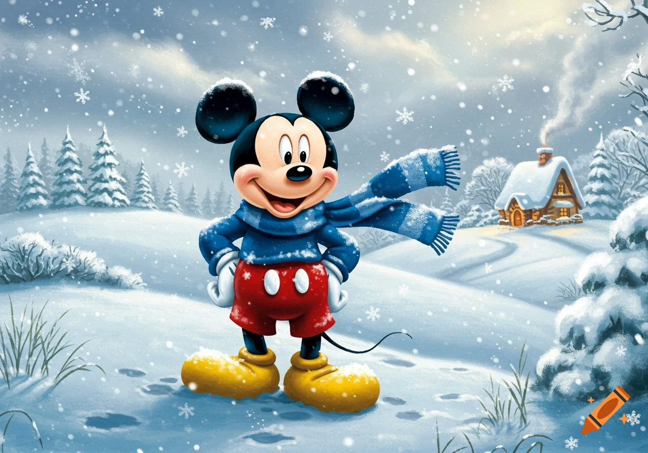 Mickey Mouse in a blue sweater and scarf, red shorts, and yellow boots stands in a snowy landscape with a cabin and pine trees.